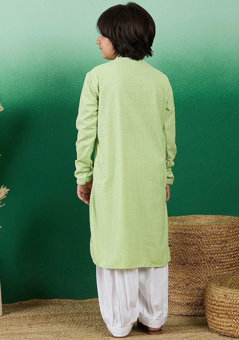 Fluorescent Green Self Design Blended Kurta Set For Boys - Indya
