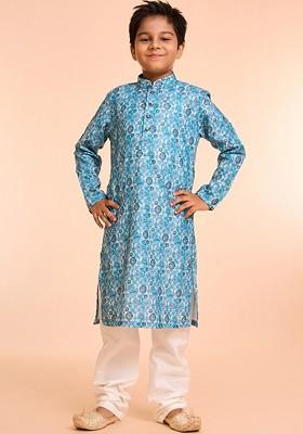 Blue Printed Blended Kurta Set For Boys