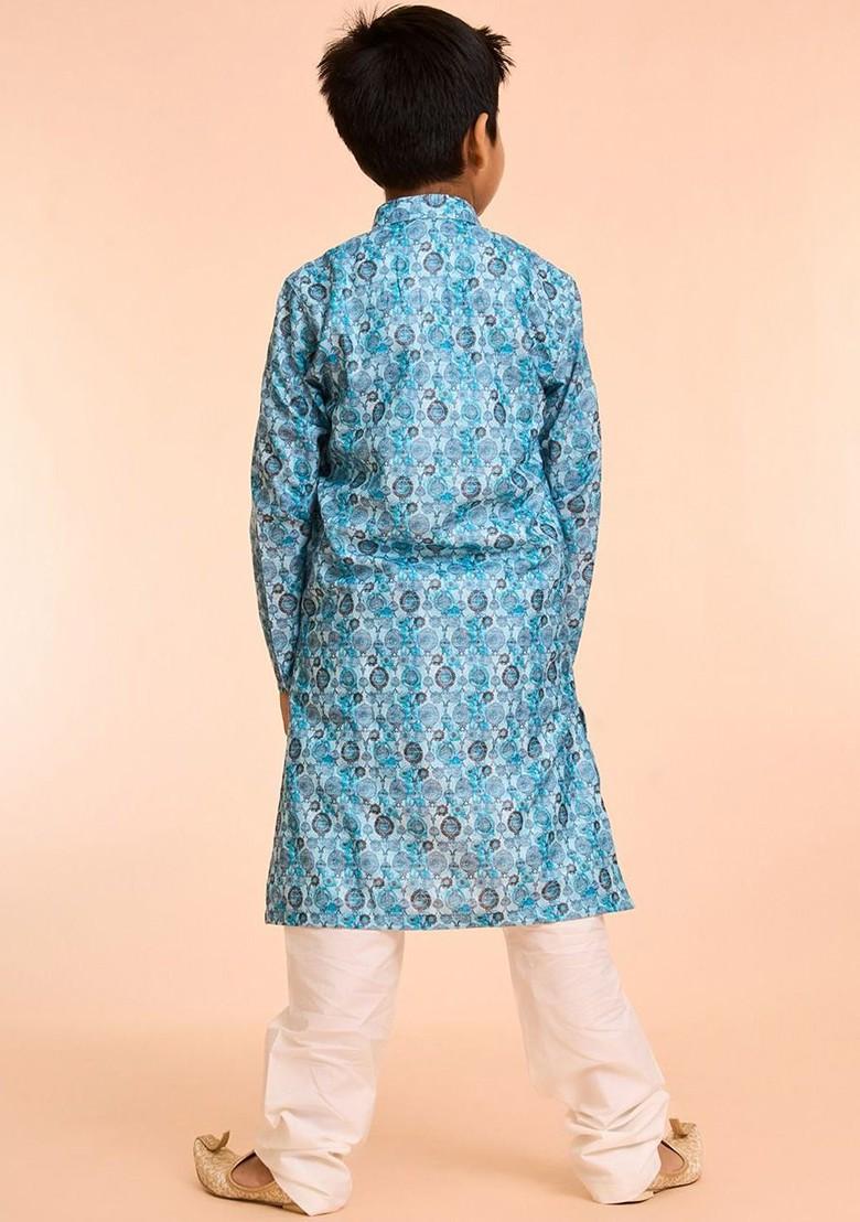Blue Printed Blended Kurta Set For Boys - Indya