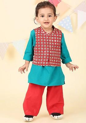 Teal Solid Cotton Nehru Jacket Set For Boys