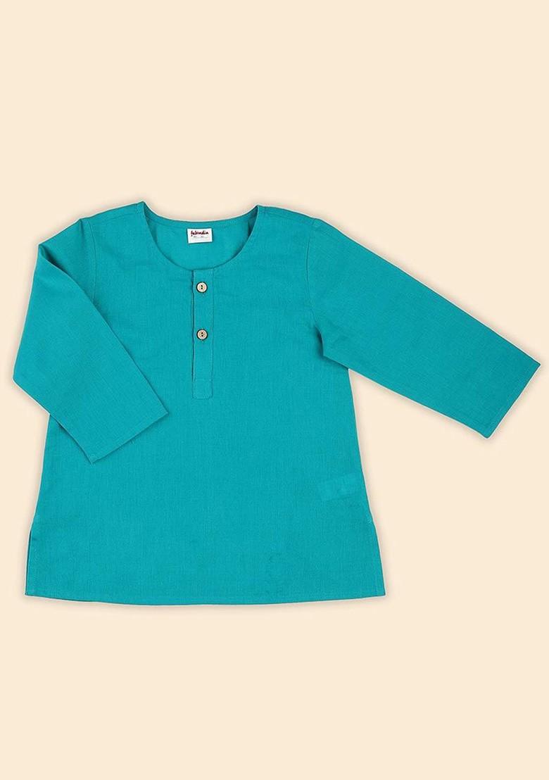 Teal Solid Cotton Nehru Jacket Set For Boys - Indya