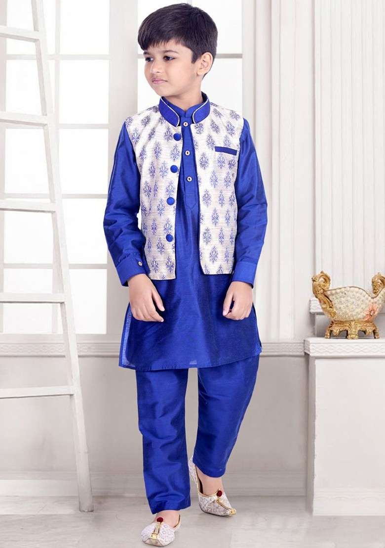 Blue Thread Work Blended Kurta Set For Boys - Indya