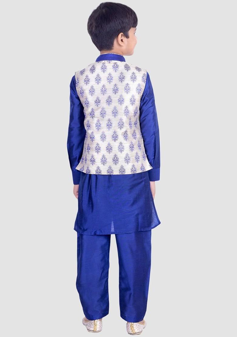 Blue Thread Work Blended Kurta Set For Boys - Indya