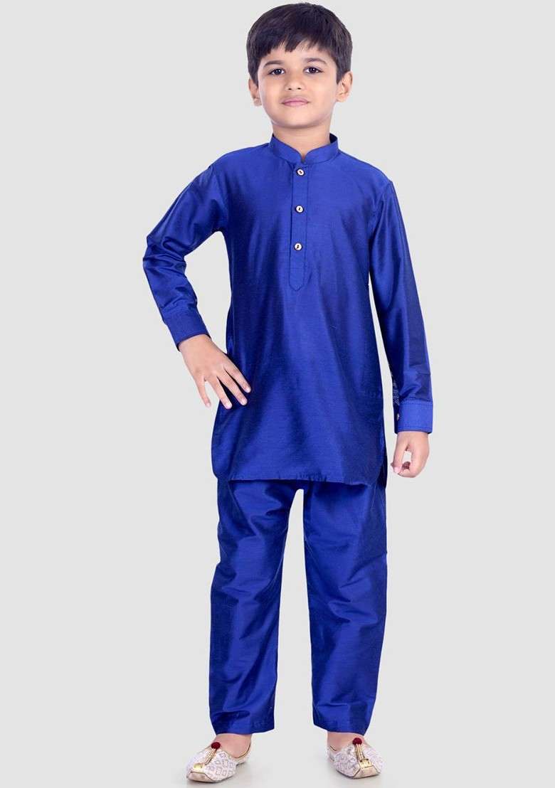 Blue Thread Work Blended Kurta Set For Boys - Indya