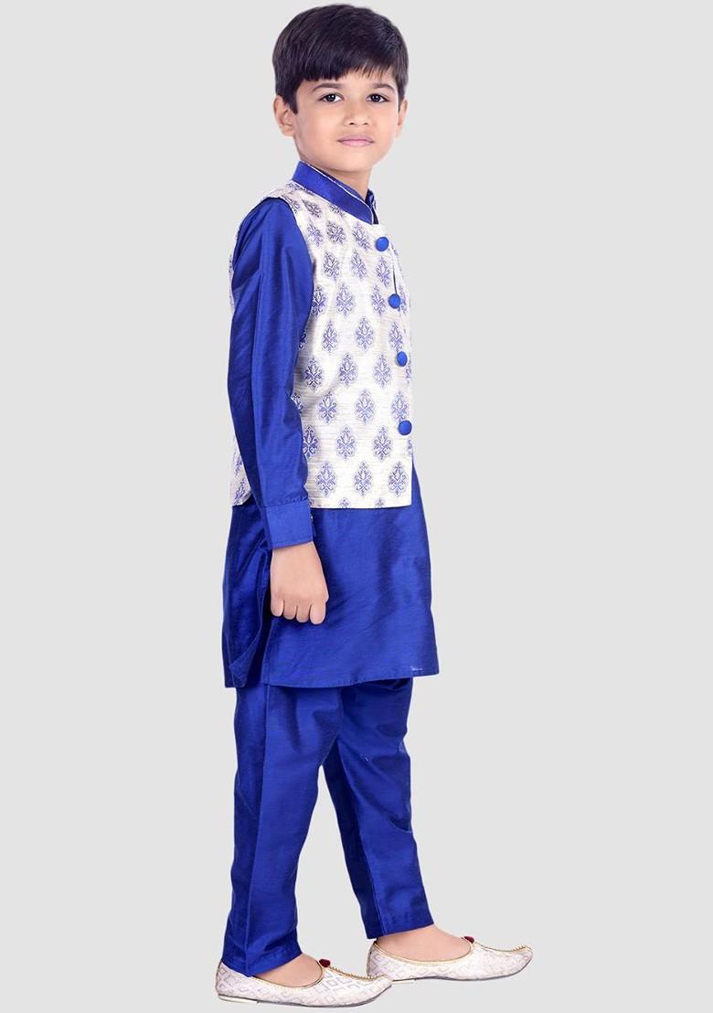 Blue Thread Work Blended Kurta Set For Boys - Indya