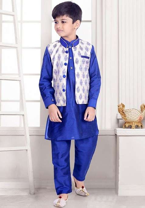 Blue Thread Work Blended Kurta Set For Boys