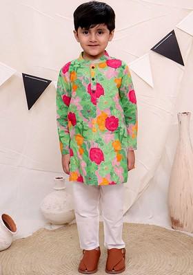 Green Printed Cotton Kurta Set For Boys