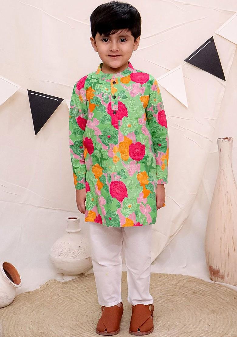 Green Printed Cotton Kurta Set For Boys - Indya
