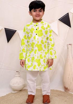 Green Printed Cotton Kurta Set For Boys