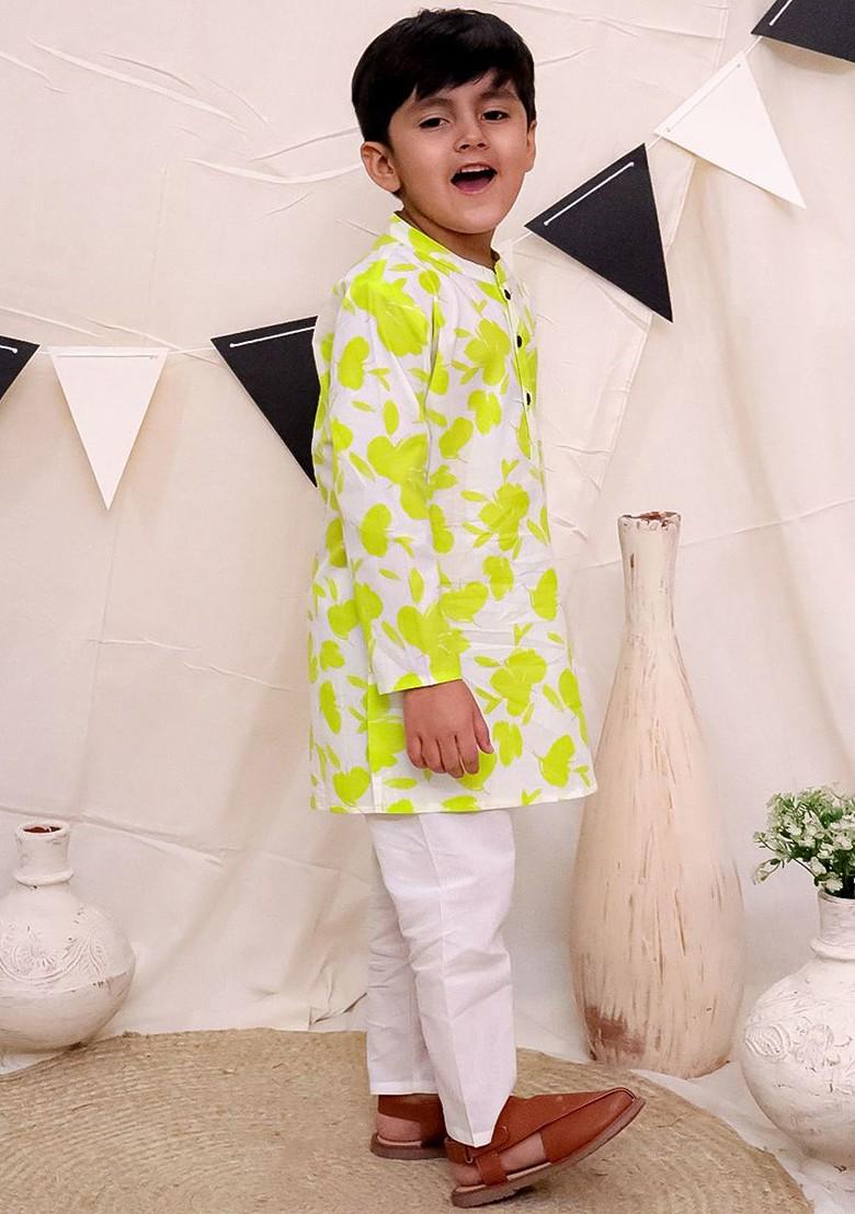 Green Printed Cotton Kurta Set For Boys - Indya