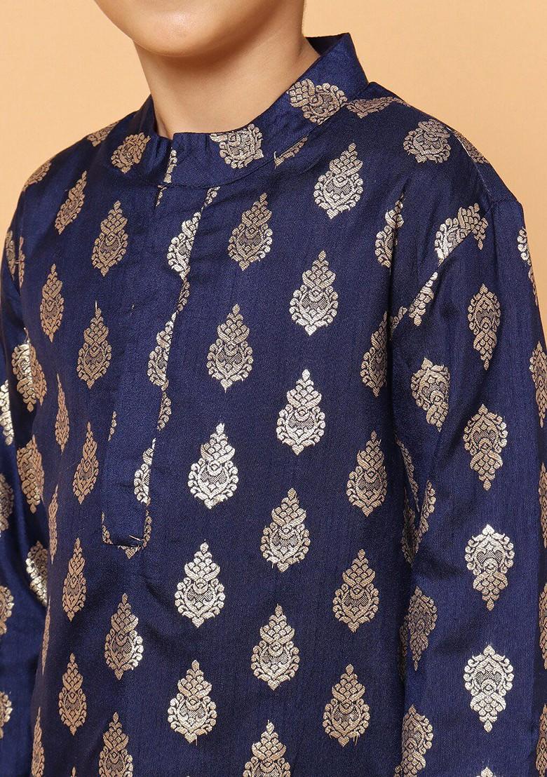Navy Blue Woven Design Blended Kurta Set For Boys - Indya