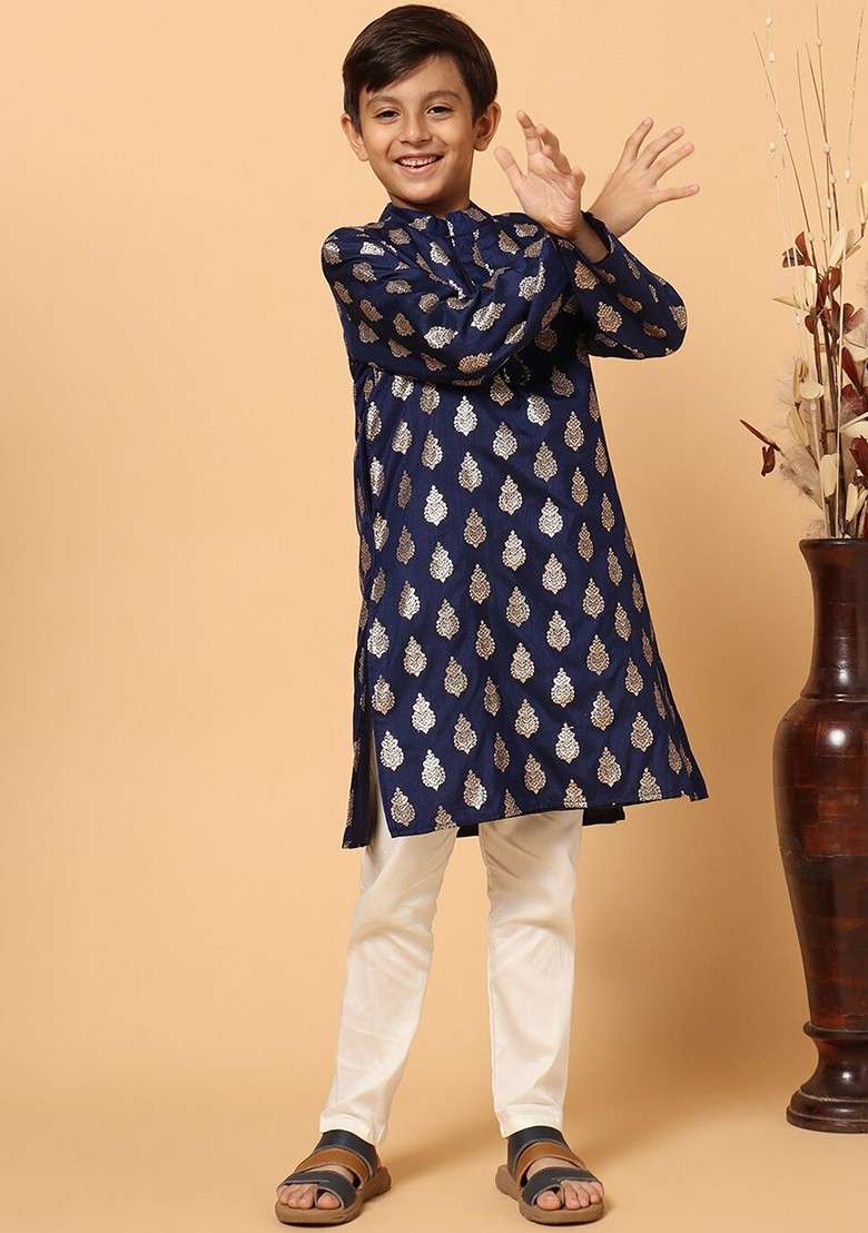 Navy Blue Woven Design Blended Kurta Set For Boys - Indya