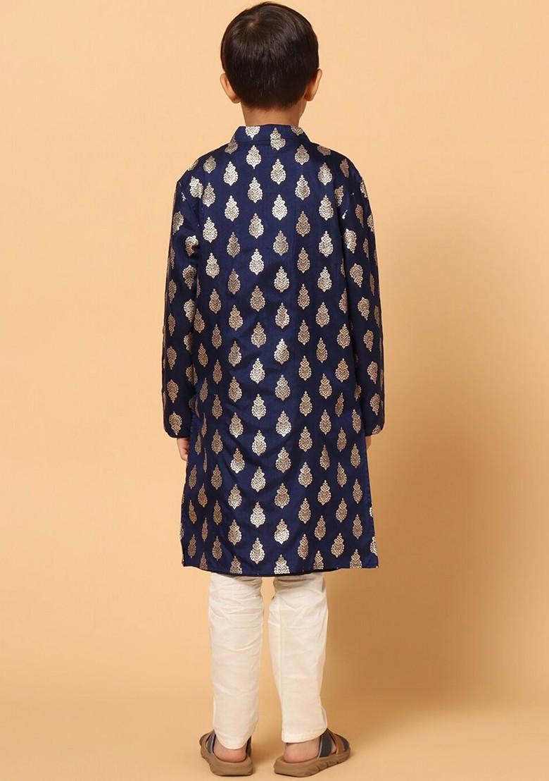 Navy Blue Woven Design Blended Kurta Set For Boys - Indya