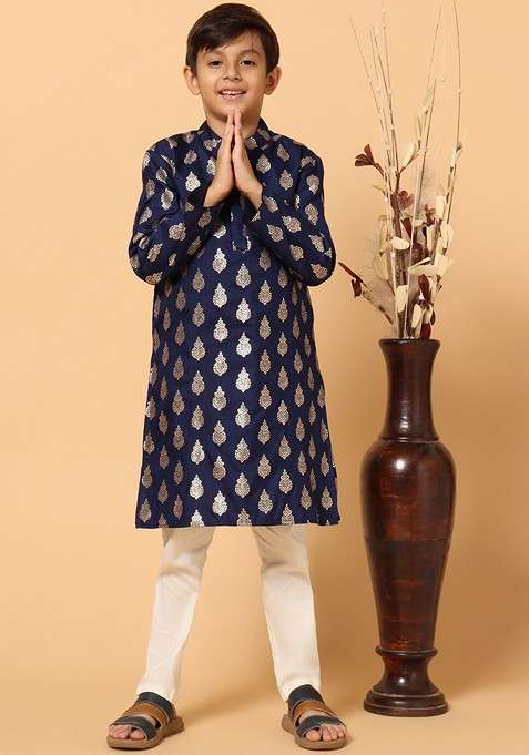 Navy Blue Woven Design Blended Kurta Set For Boys