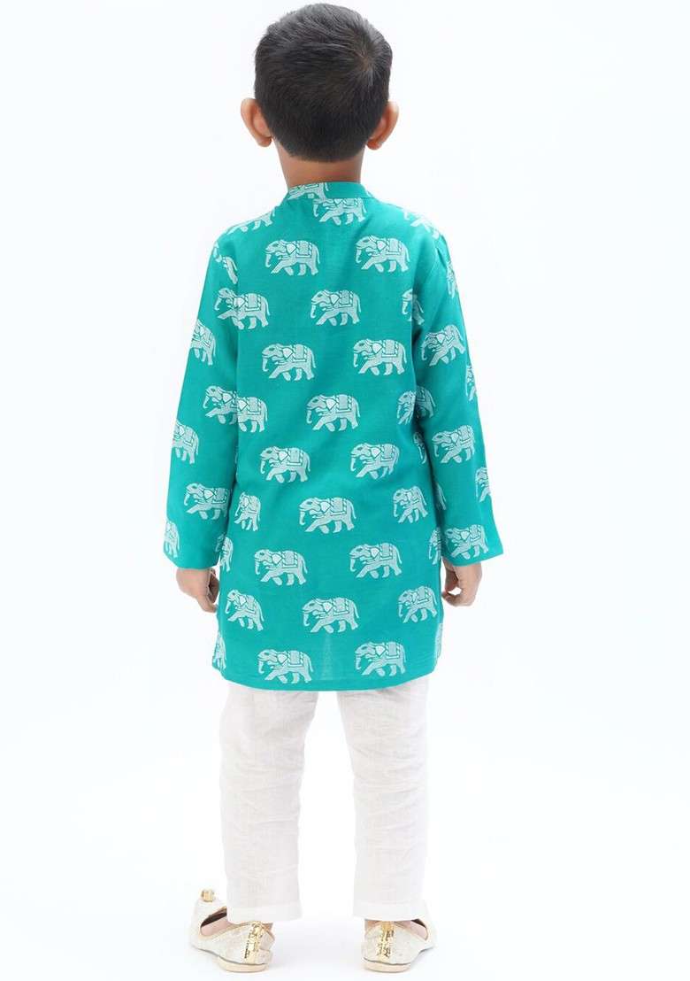 Green Printed Blended Kurta Set For Boys - Indya