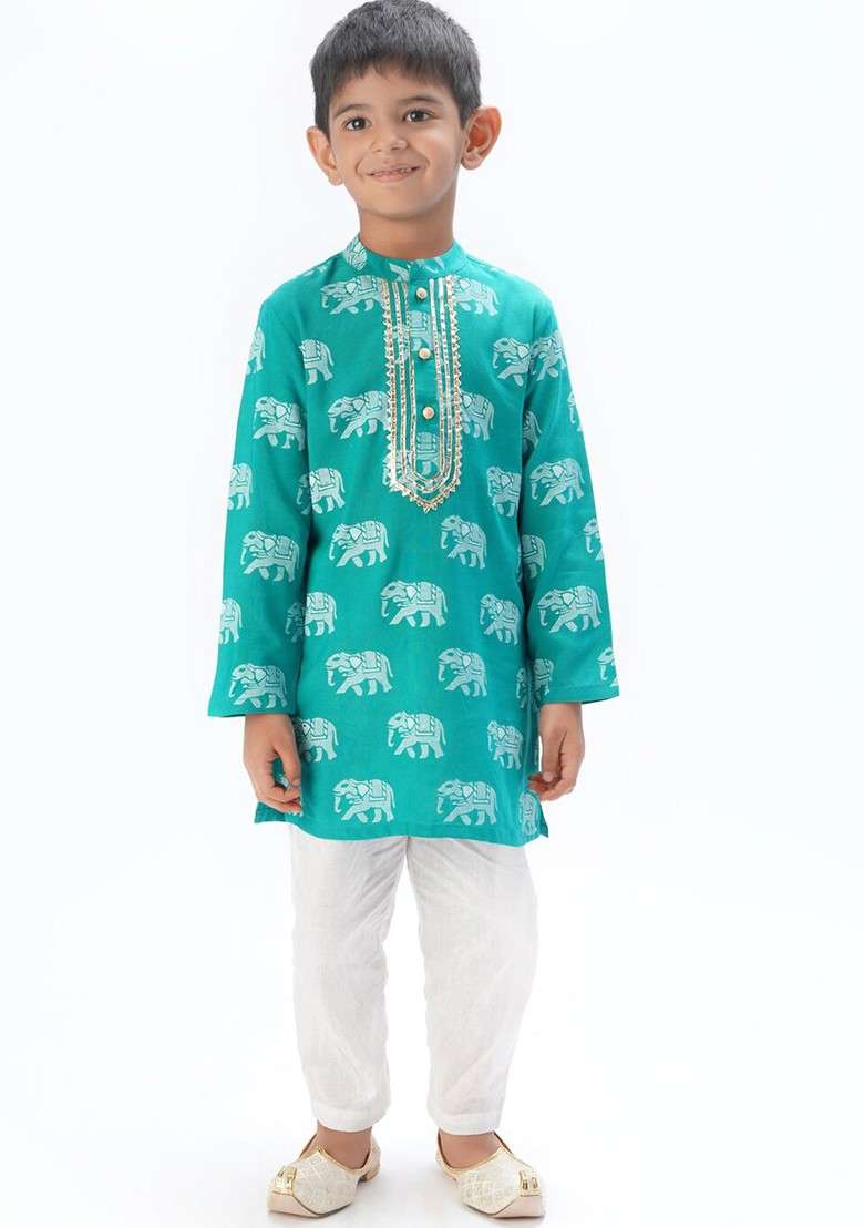 Green Printed Blended Kurta Set For Boys - Indya