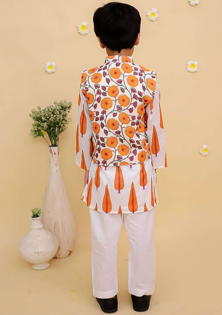 White Printed Cotton Kurta Set For Boys - Indya