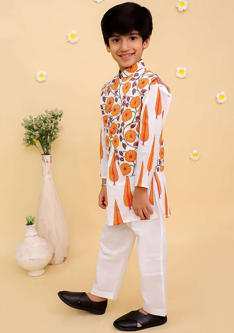 White Printed Cotton Kurta Set For Boys - Indya