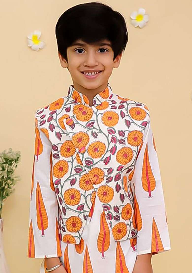 White Printed Cotton Kurta Set For Boys - Indya