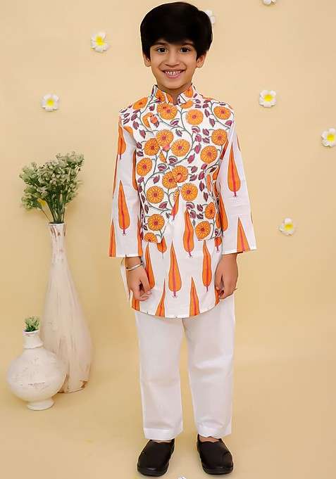 White Printed Cotton Kurta Set For Boys