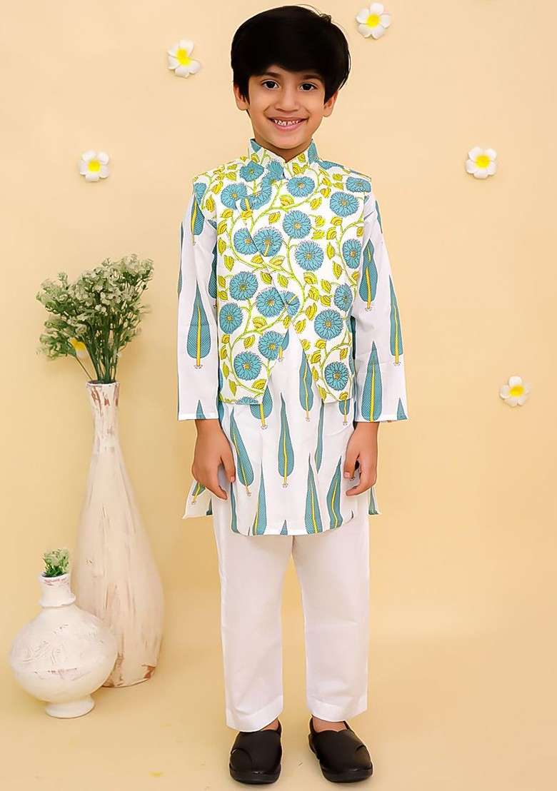 White Printed Cotton Kurta Set For Boys - Indya