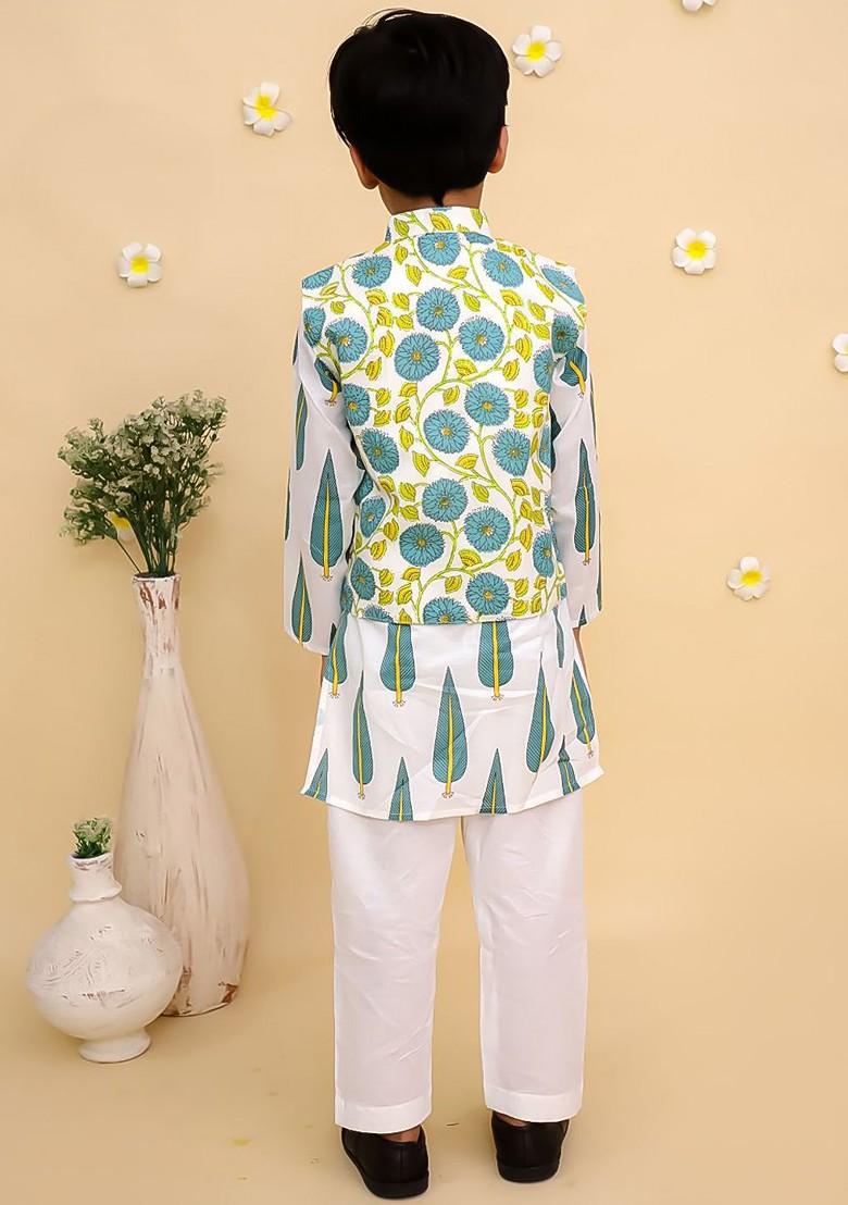 White Printed Cotton Kurta Set For Boys - Indya