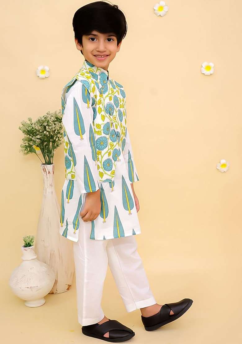 White Printed Cotton Kurta Set For Boys - Indya