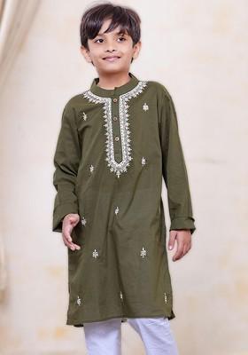 Olive Embroidered Cotton Kurta Set For Boys