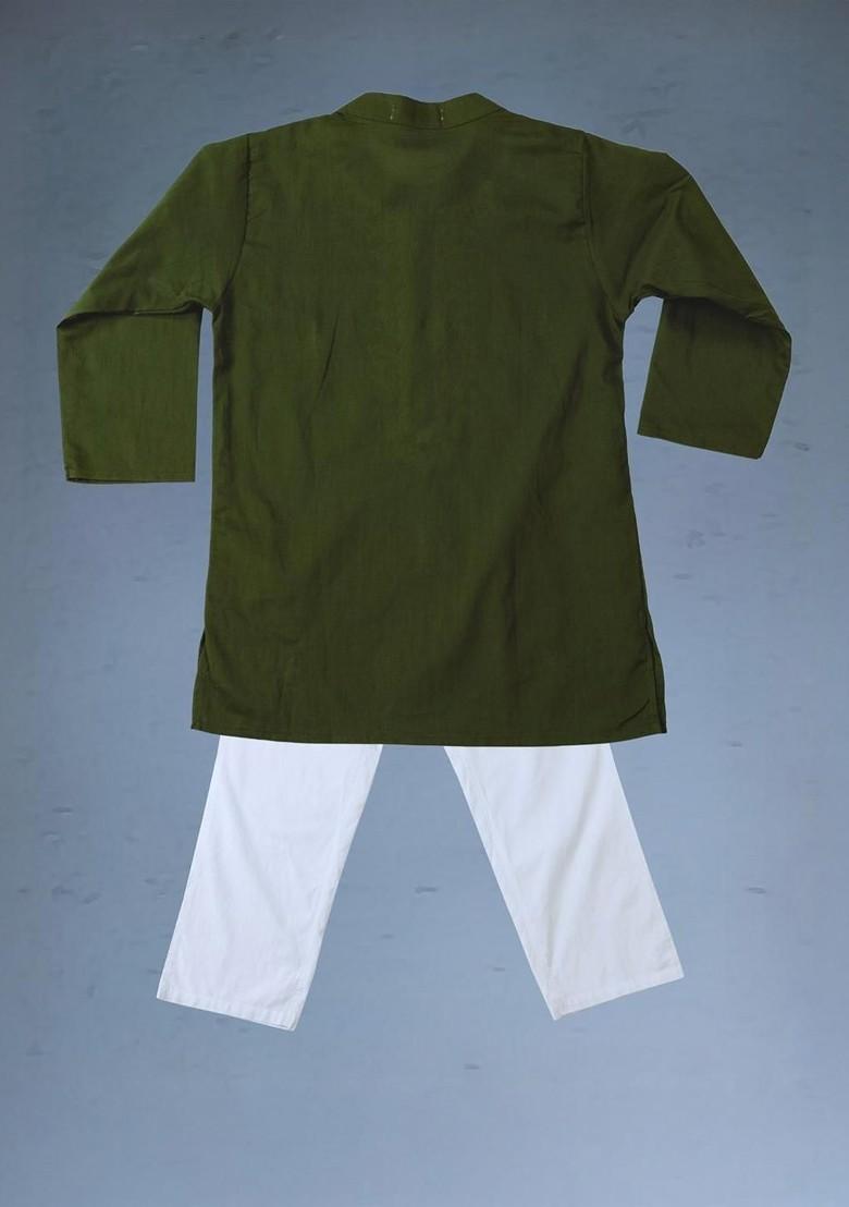 Olive Embroidered Cotton Kurta Set For Boys - Indya