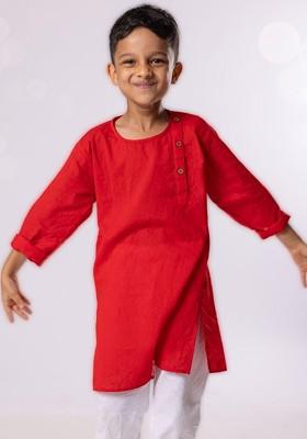 Red Embroidered Blended Kurta Set For Boys