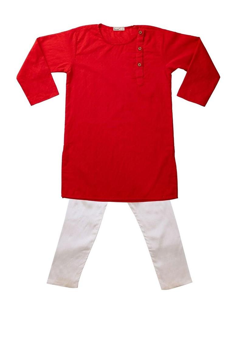 Red Embroidered Blended Kurta Set For Boys - Indya
