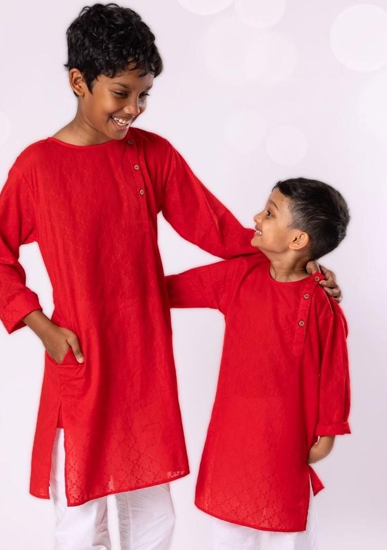 Red Embroidered Blended Kurta Set For Boys - Indya