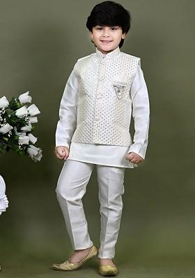 White Sequinned Cotton Nehru Jacket Set For Boys