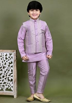 Mauve Sequinned Cotton Nehru Jacket Set For Boys