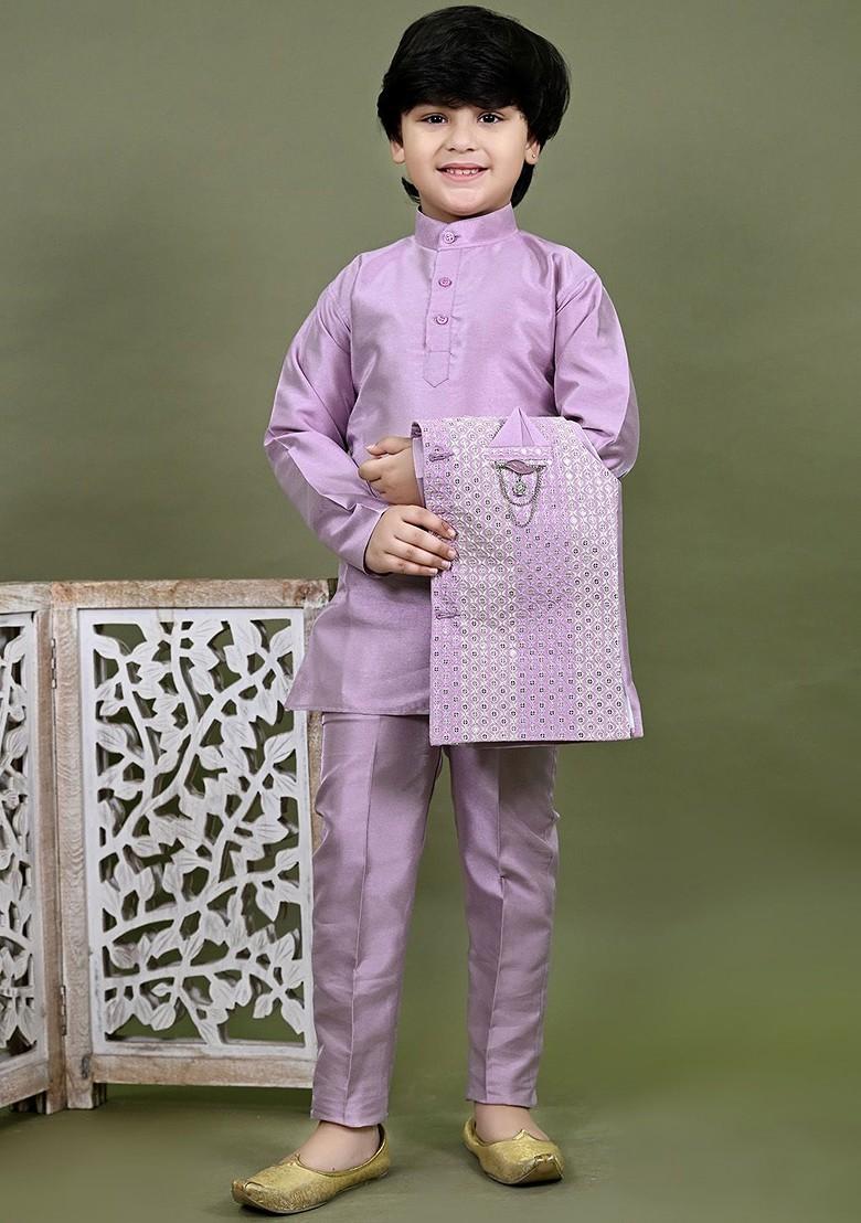 Mauve Sequinned Cotton Nehru Jacket Set For Boys - Indya