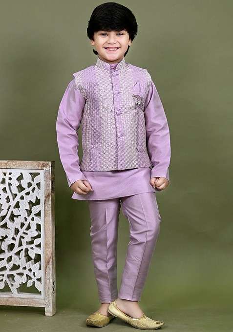 Mauve Sequinned Cotton Nehru Jacket Set For Boys