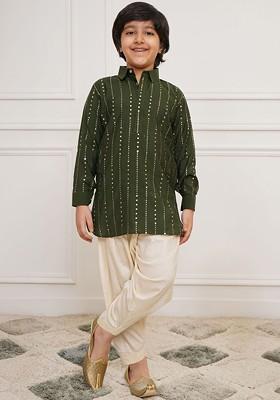Green Printed Blended Kurta Set For Boys
