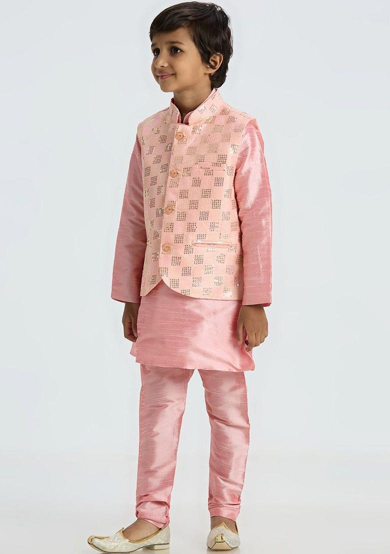 Pink Embroidered Blended Kurta Set For Boys - Indya
