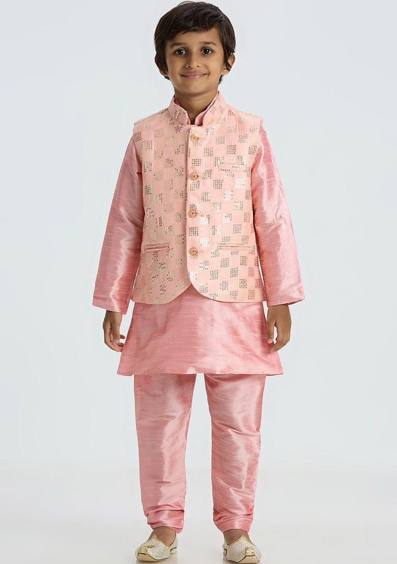 Pink Embroidered Blended Kurta Set For Boys - Indya
