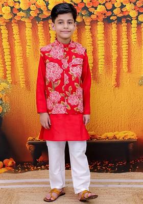 Red Printed Cotton Kurta Set For Boys