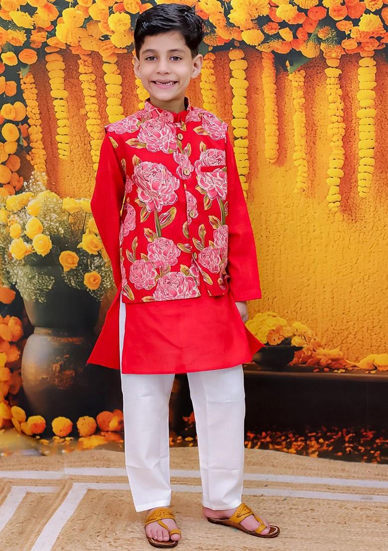 Red Printed Cotton Kurta Set For Boys - Indya