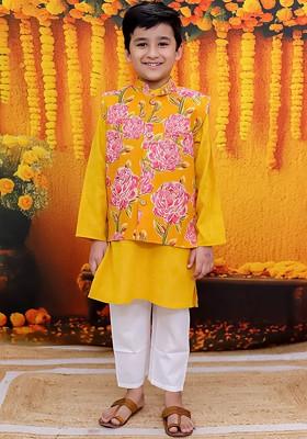 Yellow Embroidered Cotton Kurta Set For Boys