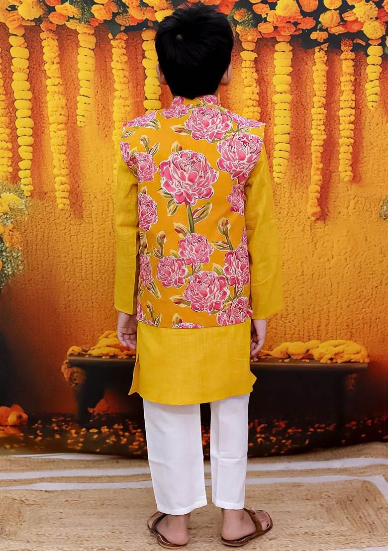 Yellow Embroidered Cotton Kurta Set For Boys - Indya