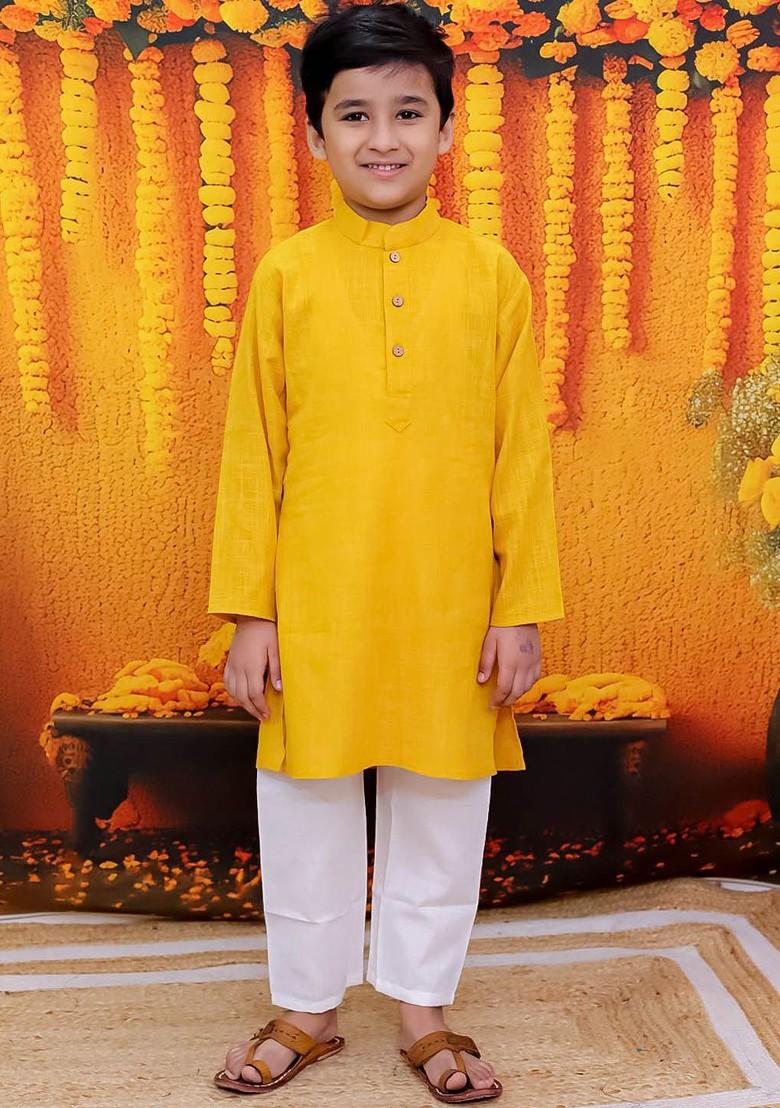 Yellow Embroidered Cotton Kurta Set For Boys - Indya