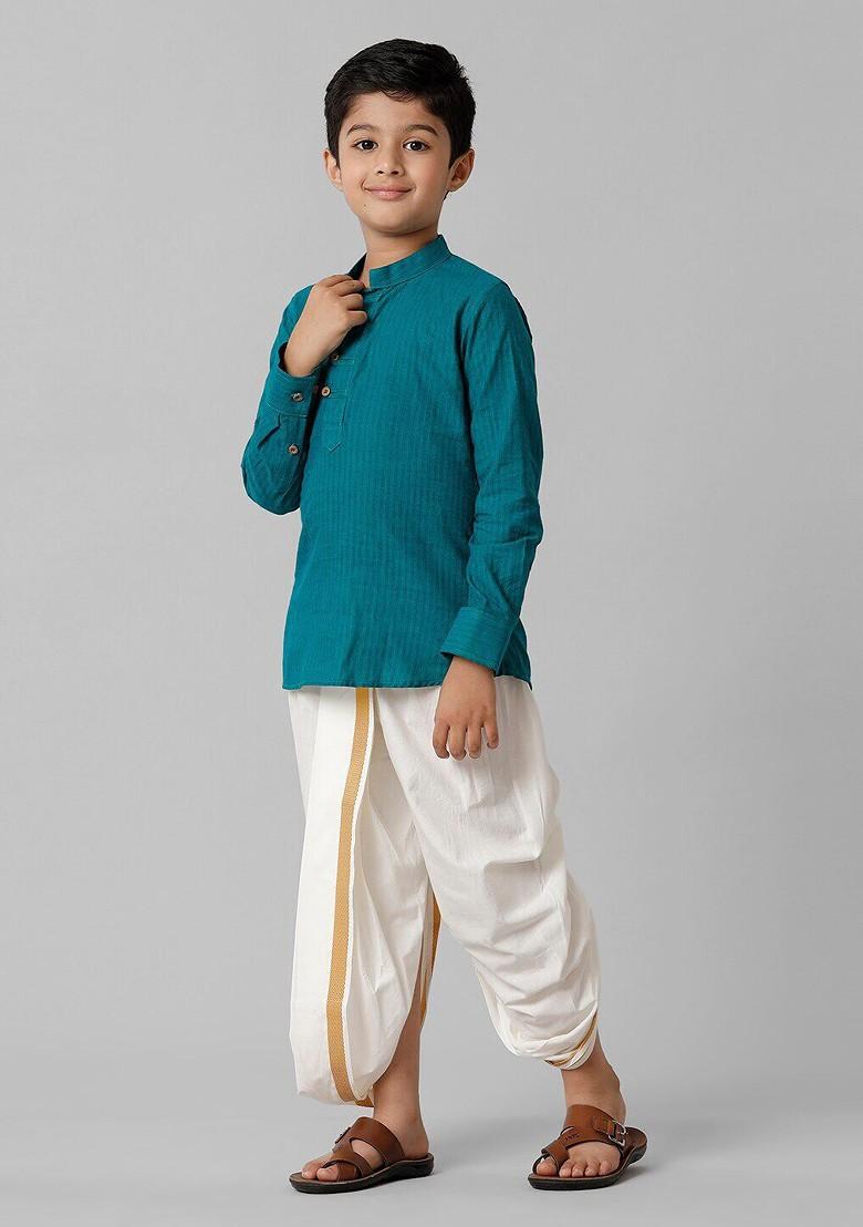Green Embroidered Cotton Kurta Set For Boys - Indya