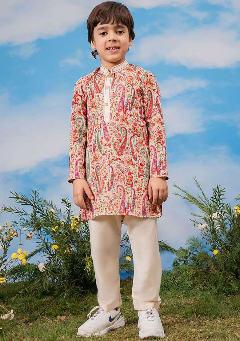 Purple Printed Blended Kurta Set For Boys - Indya