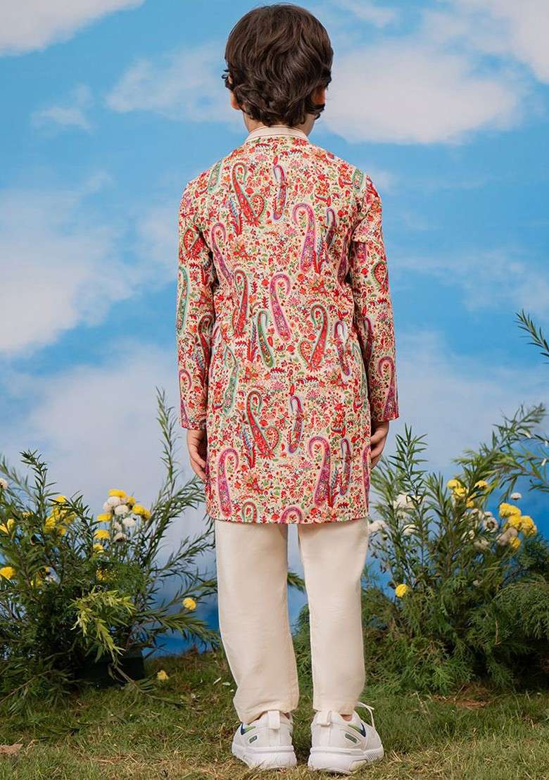 Purple Printed Blended Kurta Set For Boys - Indya
