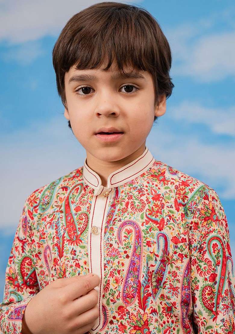 Purple Printed Blended Kurta Set For Boys - Indya