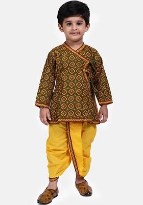 Green Printed Blended Kurta Dhoti Set For Boys