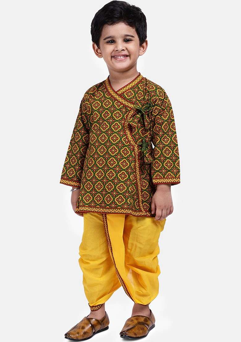 Green Printed Blended Kurta Dhoti Set For Boys - Indya